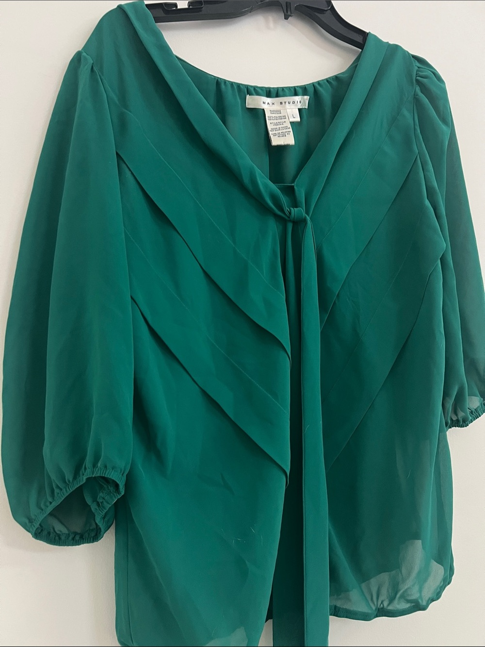 Max Studio Emerald Green Pleated Tie-Neck Blouse - Picture 4 of 8